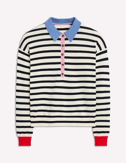 Lara Relaxed Cotton Henley Top-Navy, Warm Ivory Stripe-4