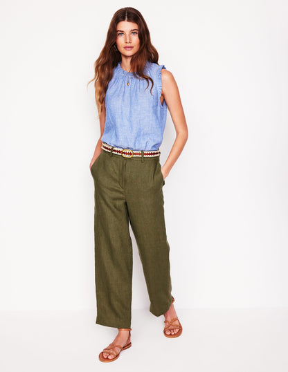 Westbourne Crop Linen Trousers-Woodland Green