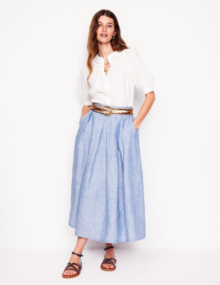 Verity Linen Midi Skirt-Grey Blue Chambray