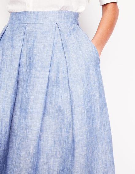 Verity Linen Midi Skirt-Grey Blue Chambray