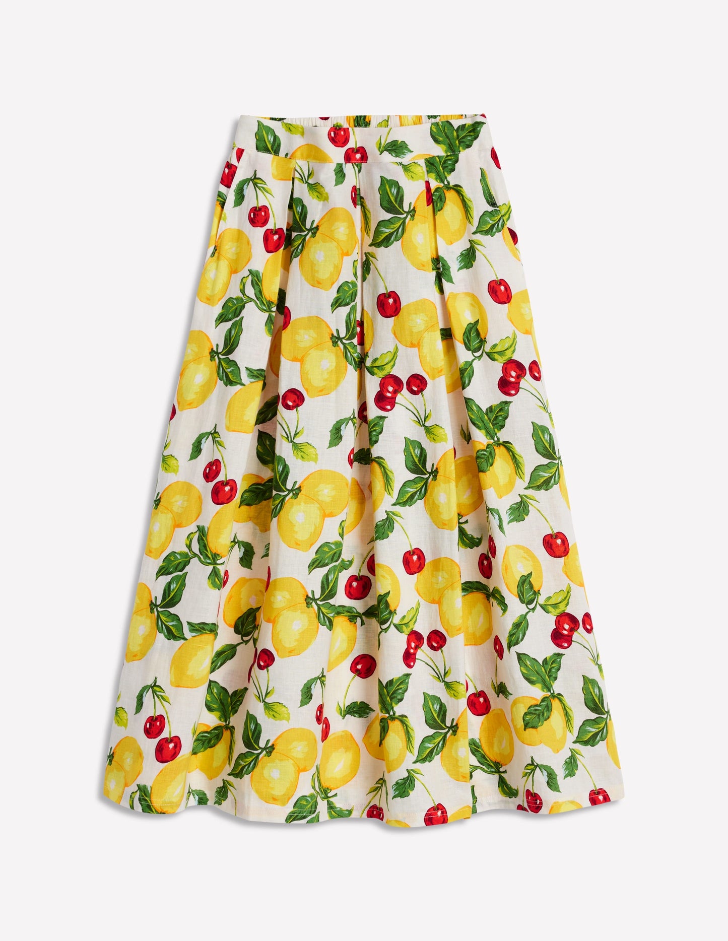 Verity Linen Midi Skirt-Ivory, Cherries and Lemons