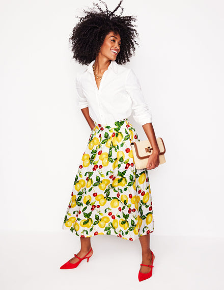 Verity Linen Midi Skirt-Ivory, Cherries and Lemons