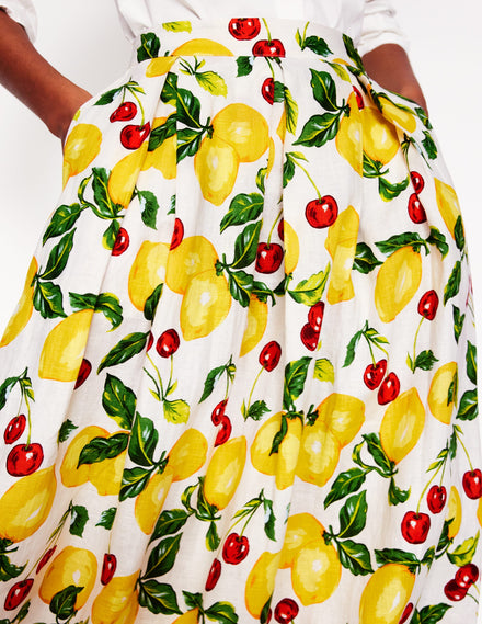 Verity Linen Midi Skirt-Ivory, Cherries and Lemons