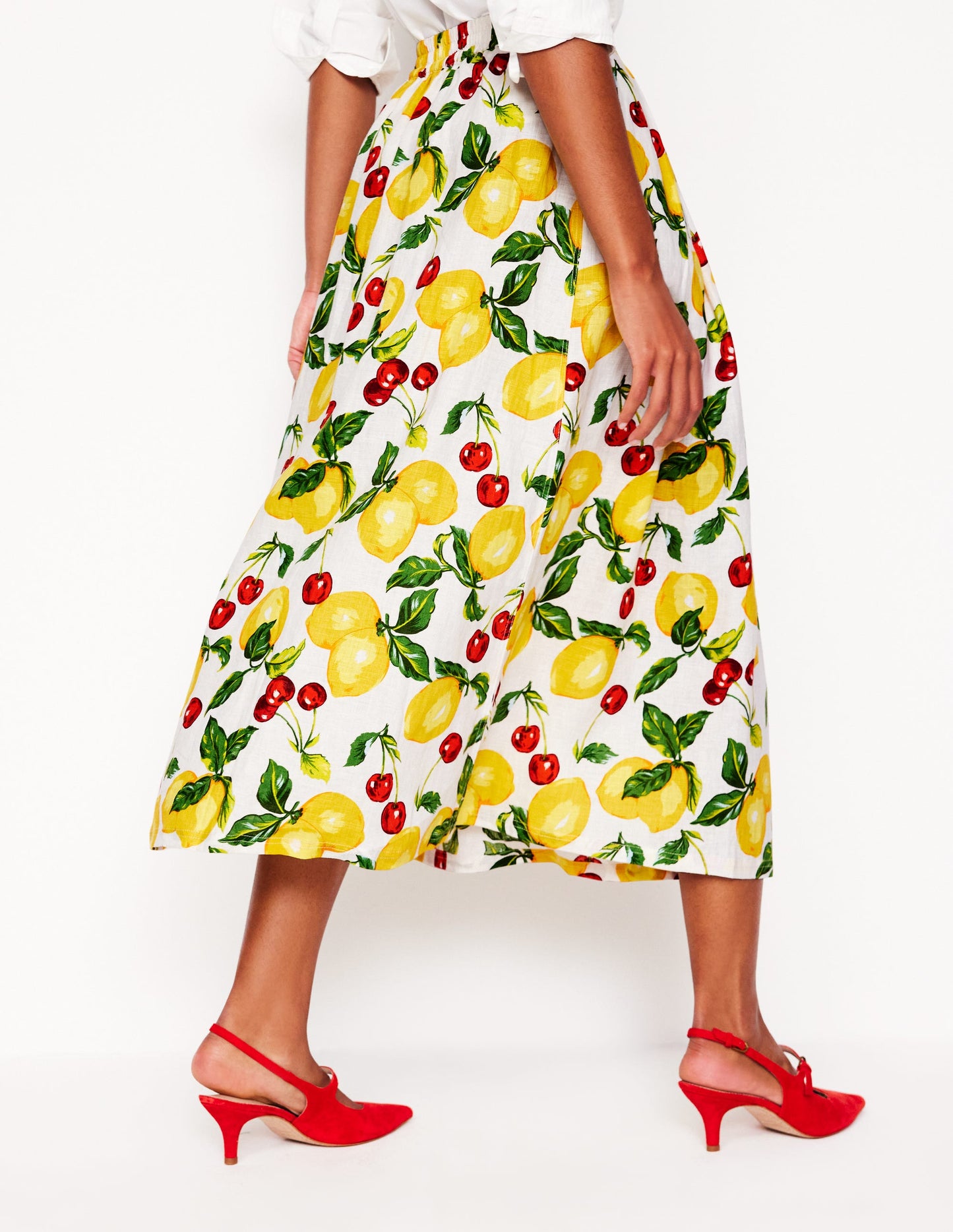 Verity Linen Midi Skirt-Ivory, Cherries and Lemons