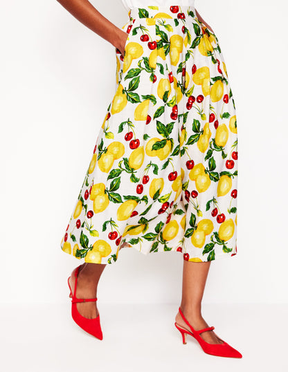 Verity Linen Midi Skirt-Ivory, Cherries and Lemons