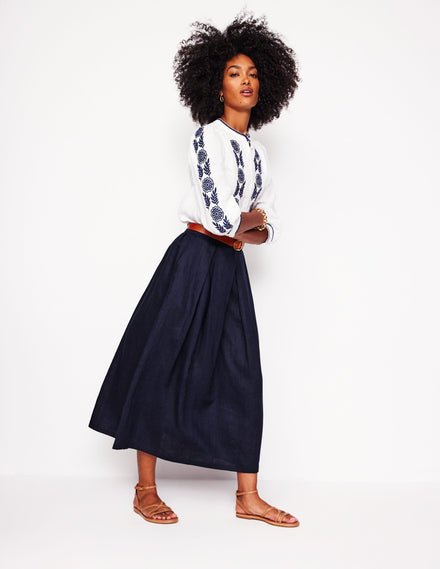 Verity Linen Midi Skirt-Navy