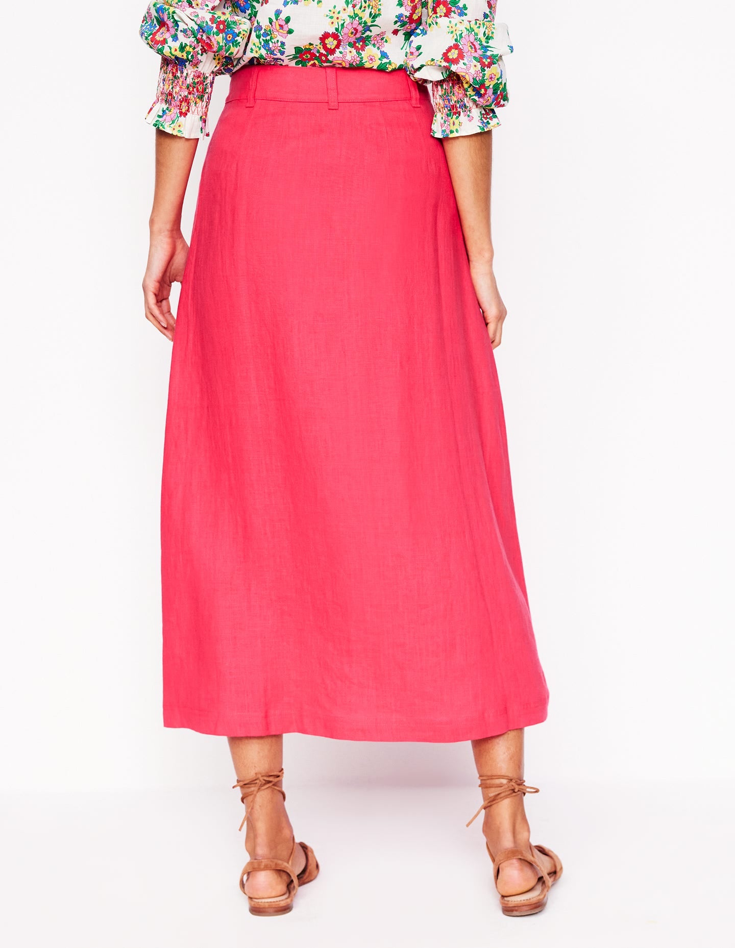 Thomasina Linen Midi Skirt-Camelia Pink