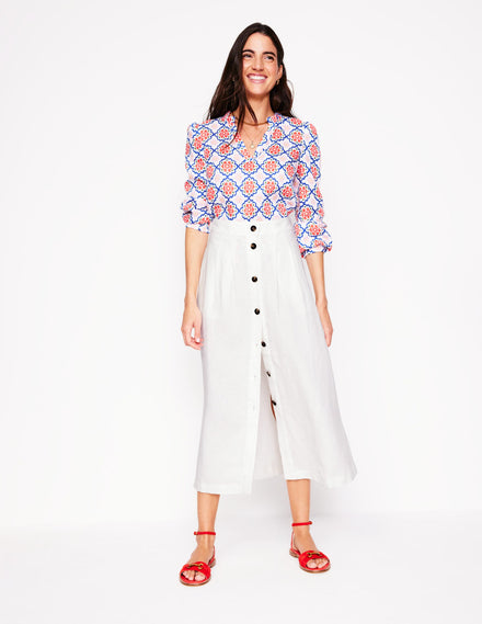 Thomasina Linen Midi Skirt-White