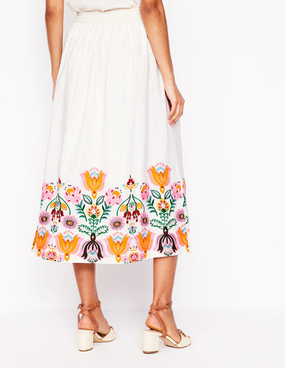 Verity Embroidered Linen Skirt-Ivory