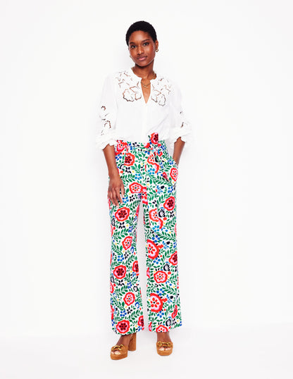 Belted Linen Trousers-Multi, Foliage Scatter