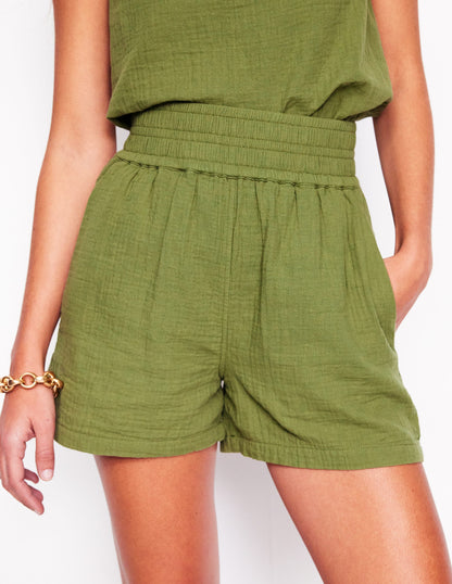 Smocked Double Cloth Shorts-Olive Green-4