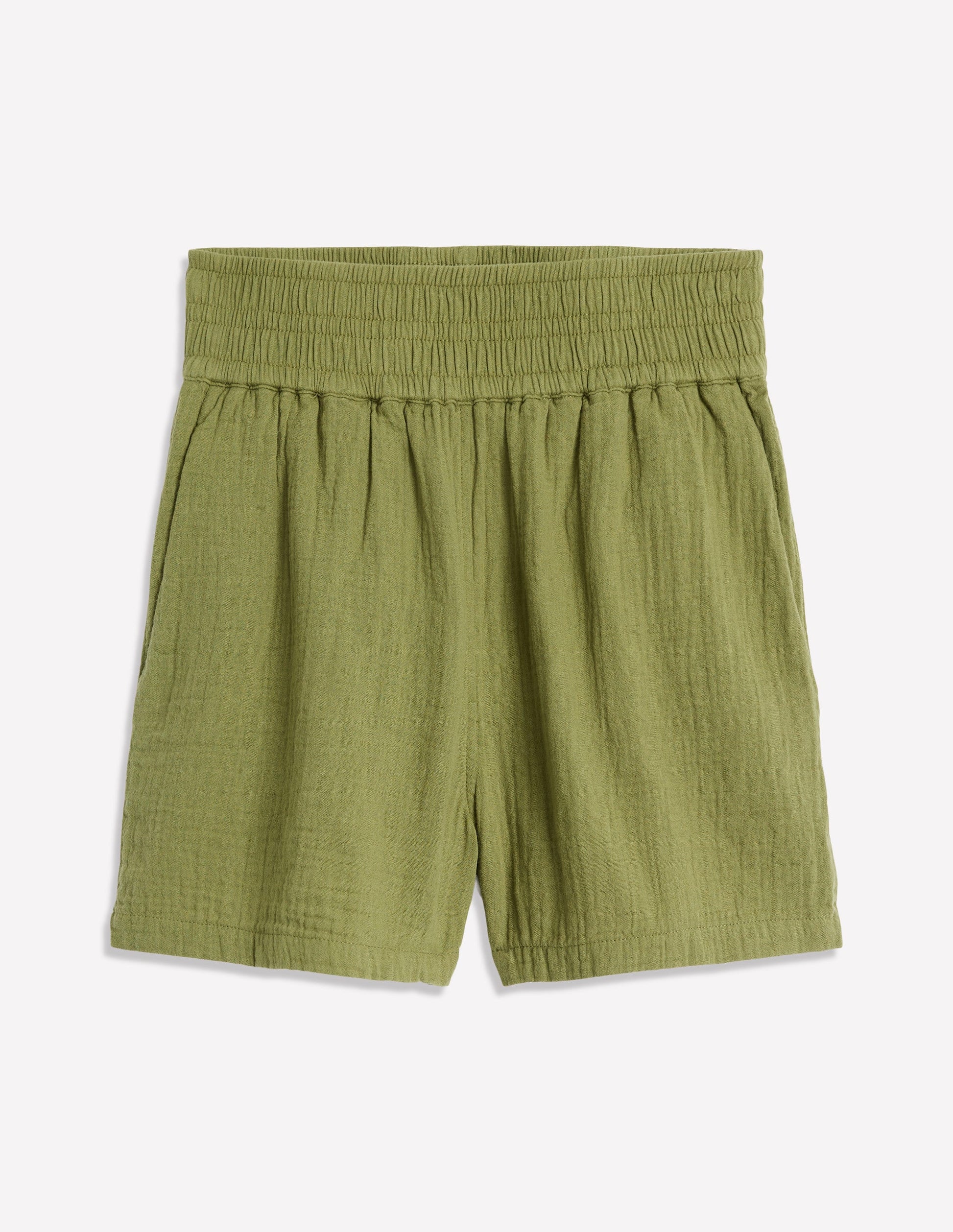 Smocked Double Cloth Shorts-Olive Green-5