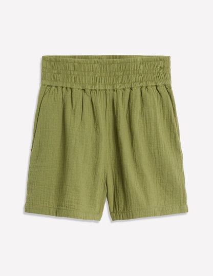 Smocked Double Cloth Shorts-Olive Green-5