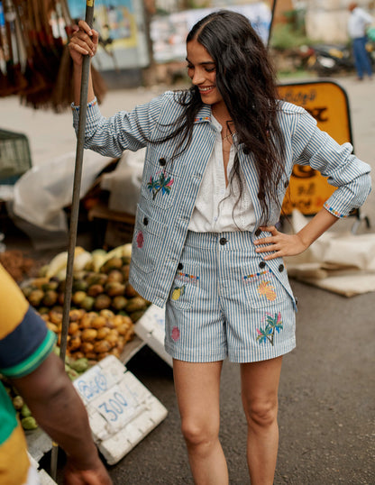Pocket Front Denim Shorts-Ticking Stripe Embroidery-6