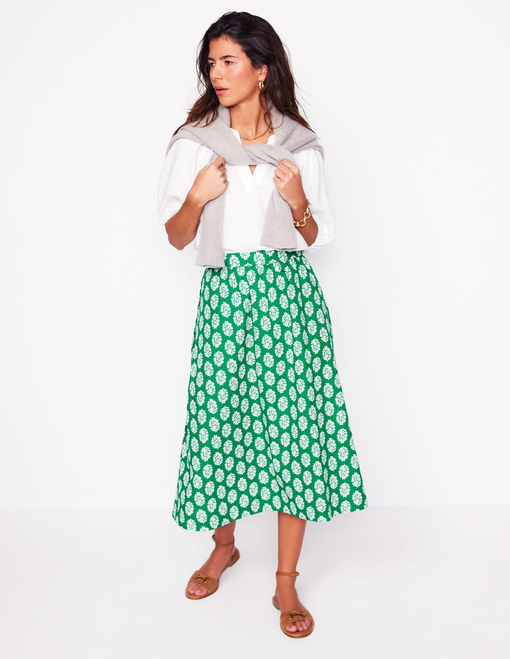 Hattie Poplin Midi Skirt-Rich Emerald, Posy Stamp