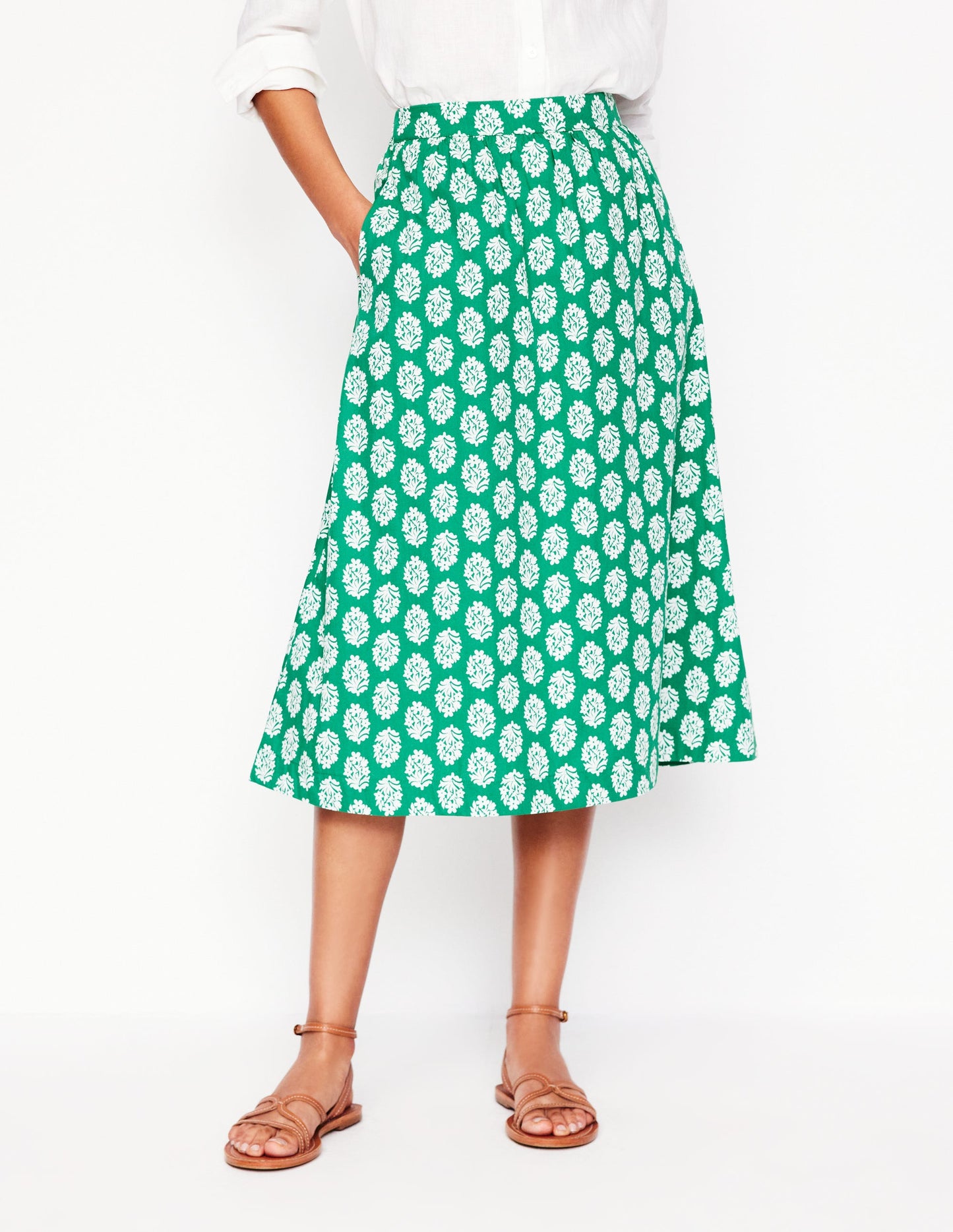 Hattie Poplin Midi Skirt-Rich Emerald, Posy Stamp
