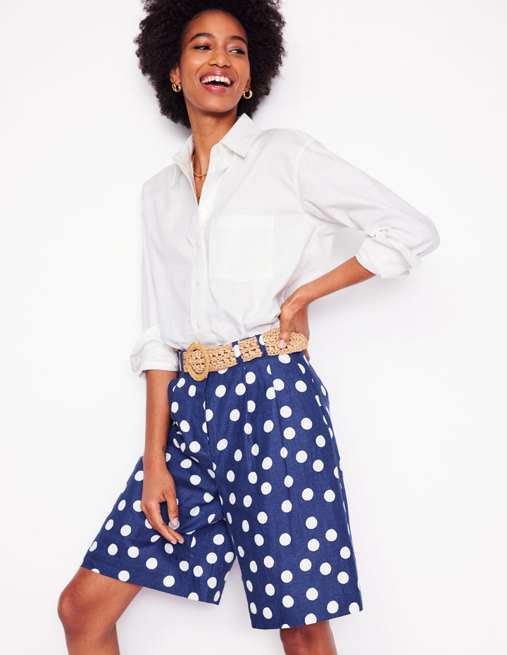 Pleat Linen Wide Leg Shorts-Navy Painted Dot