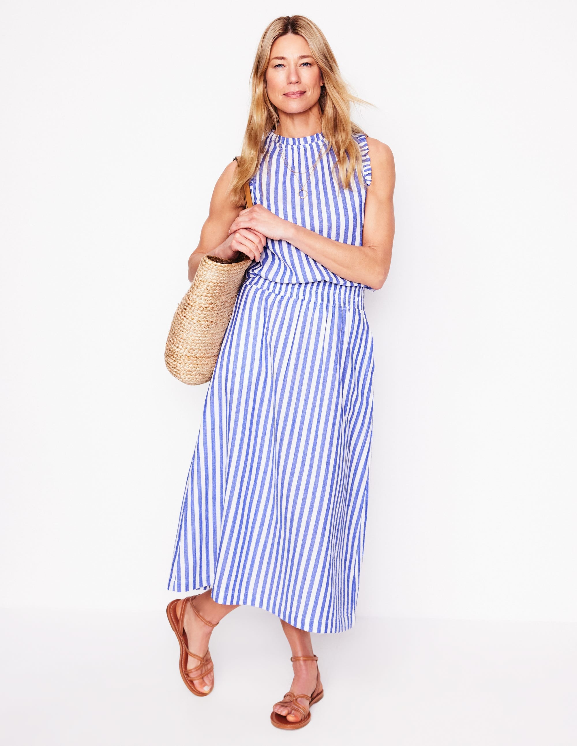 Double Cloth Smocked Skirt-Bright Blue Stripe - Image 1