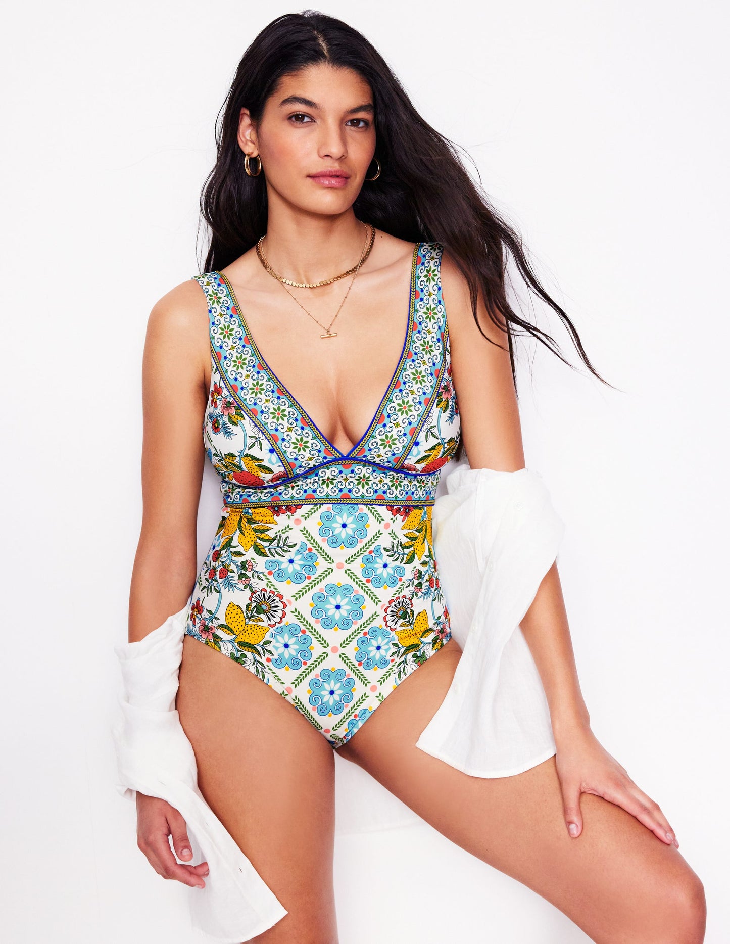 Porto V-Neck Swimsuit-Multi, Citrus Vine Tile