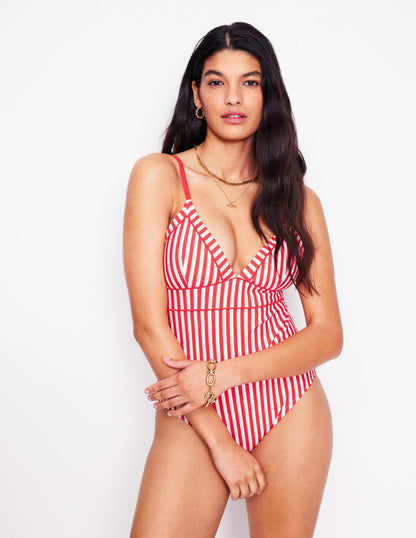 Kasos String V Neck Swimsuit-Coral Punch/ Ivory Stripe-1