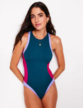 Sporty High Neck Swimsuit-Oceanside Blue