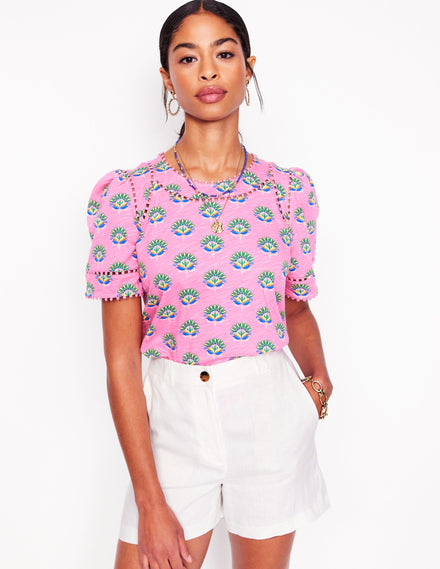 Mila Trim Detail Top-Pink, Ornamental Floral Sprig