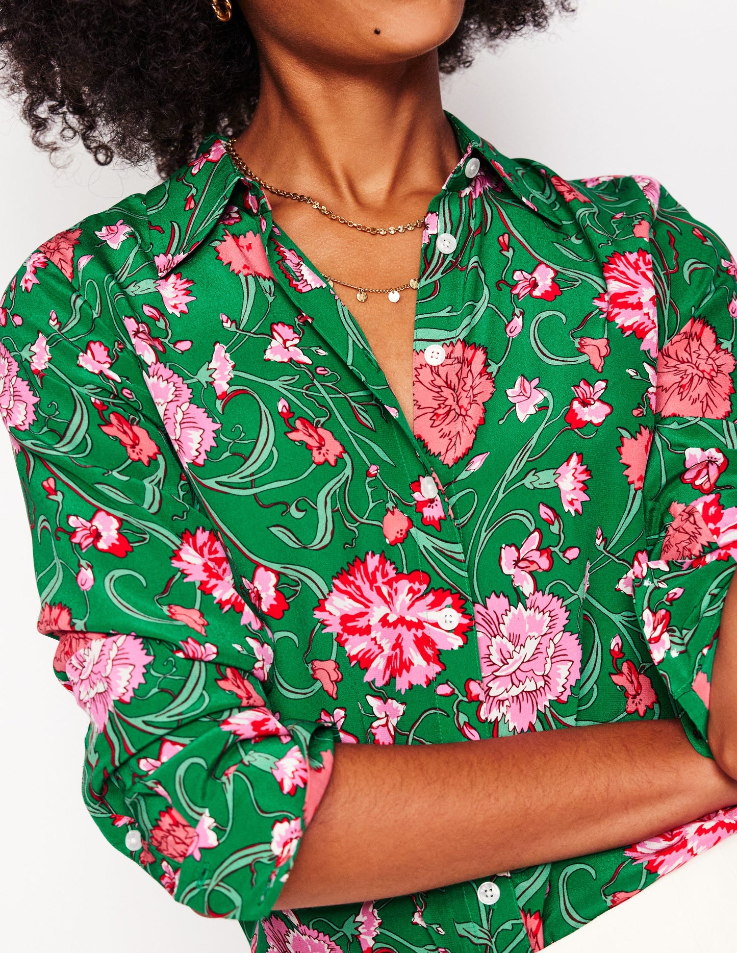 Sienna Silk Shirt-Rich emerald, Carnation Vine