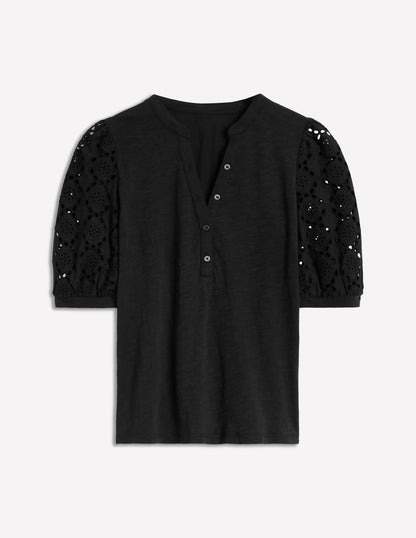 Eden Puff Sleeve Henley Top-Black