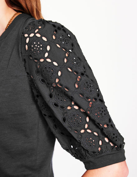 Eden Puff Sleeve Henley Top-Black