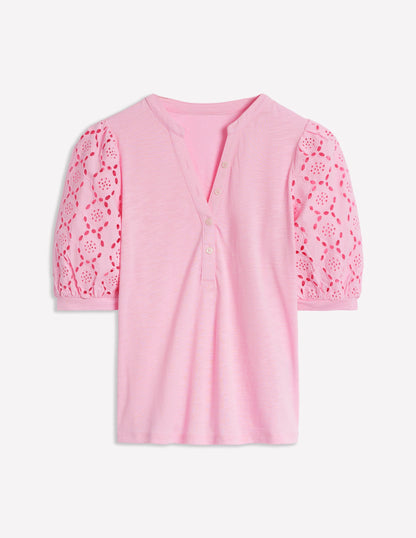 Eden Puff Sleeve Henley Top-Soft Pink