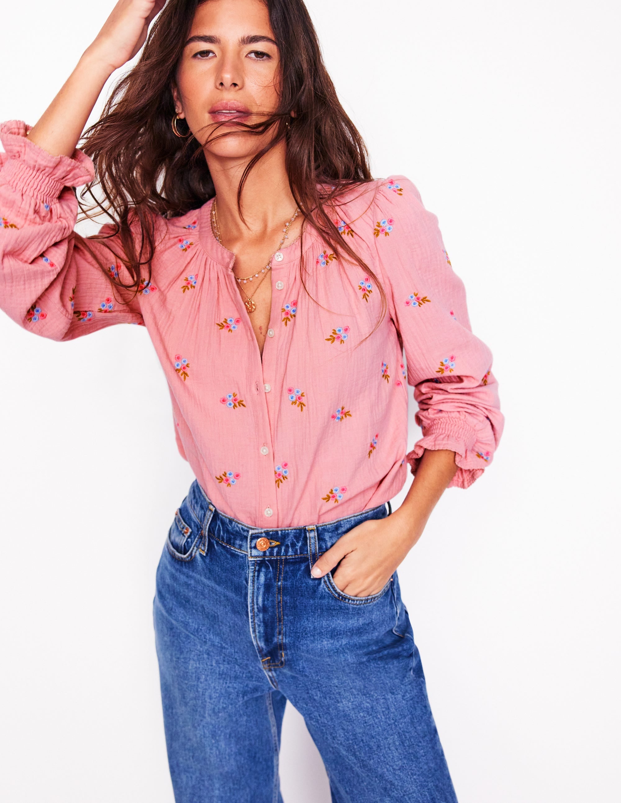 Evie Double Cloth Top-Almond Pink, Floral Embroidery - Image 2