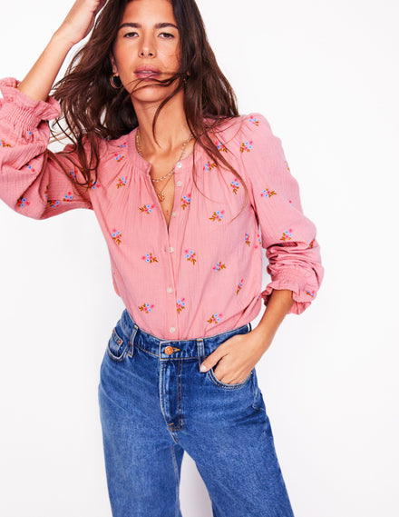 Evie Double Cloth Top-Almond Pink, Floral Embroidery
