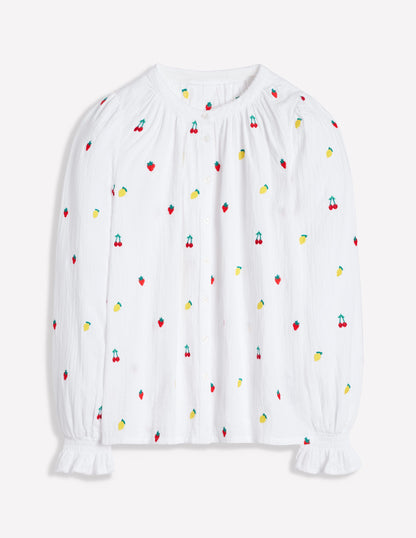 Evie Double Cloth Top-White, Embroidered Fruit