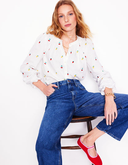 Evie Double Cloth Top-White, Embroidered Fruit