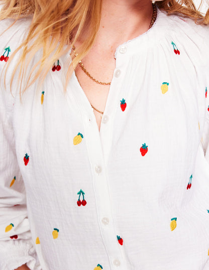 Evie Double Cloth Top-White, Embroidered Fruit