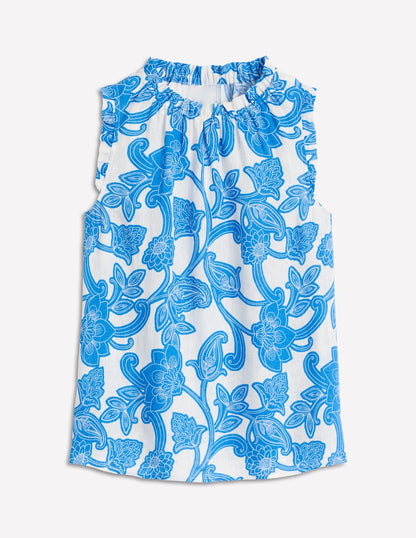 Sophie Ruffle Linen Top-Cerulean Blue, Paisley Whirl-7