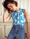 Sophie Ruffle Linen Top-Cerulean Blue, Paisley Whirl
