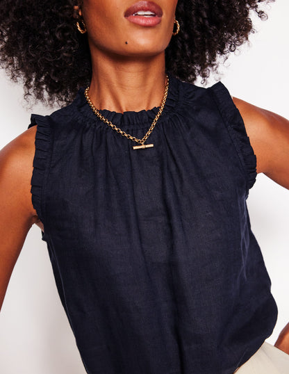 Sophie Ruffle Linen Top-Navy