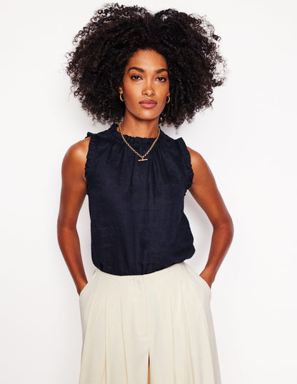 Sophie Ruffle Linen Top-Navy