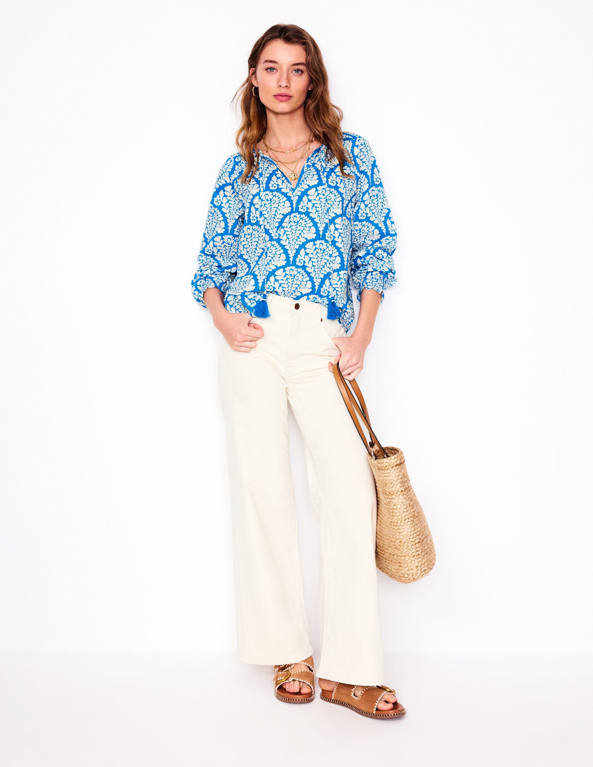 Easy Cotton Blouse-Cerulean Blue, Blossomy-1