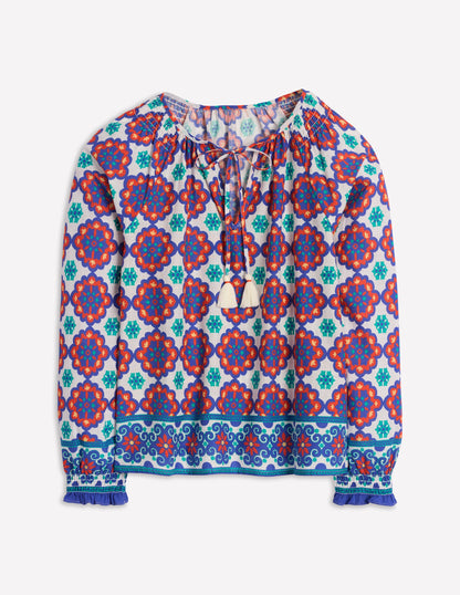 Easy Cotton Blouse-Bright Blue, Bloom Geo-7