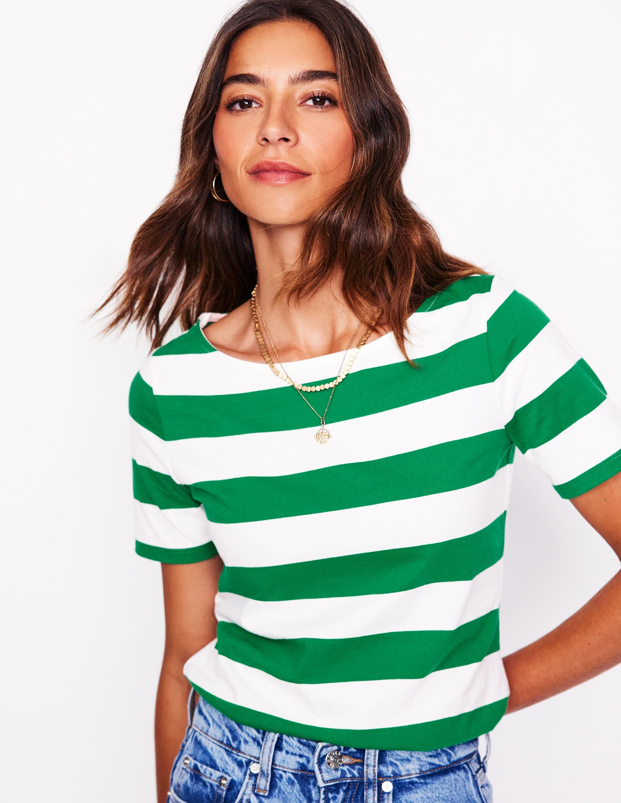 Ella Short Sleeve Breton-Ivory, Rich Emerald - Image 1