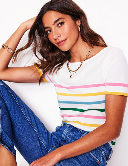 Ella Short Sleeve Breton-Pink, Yellow Placement Stripe