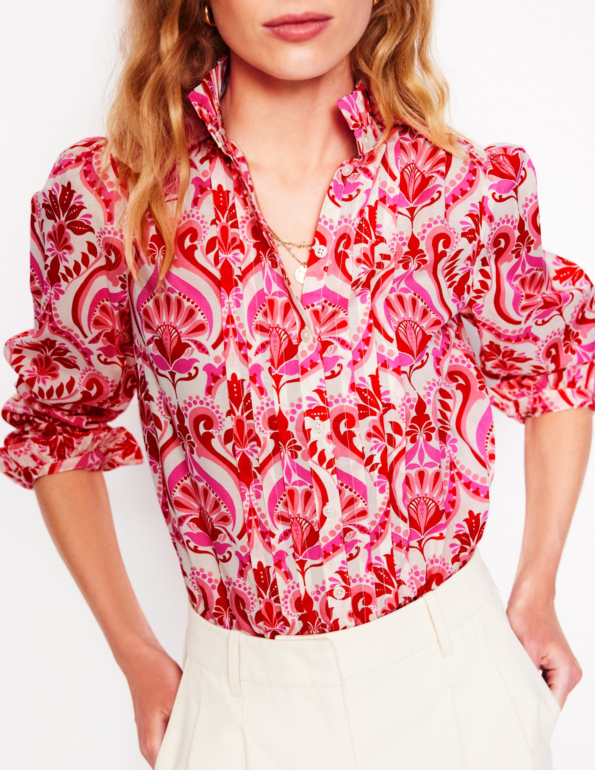 Felicity Cotton Blouse-Poppy Red, Ornamental Floral - Image 4