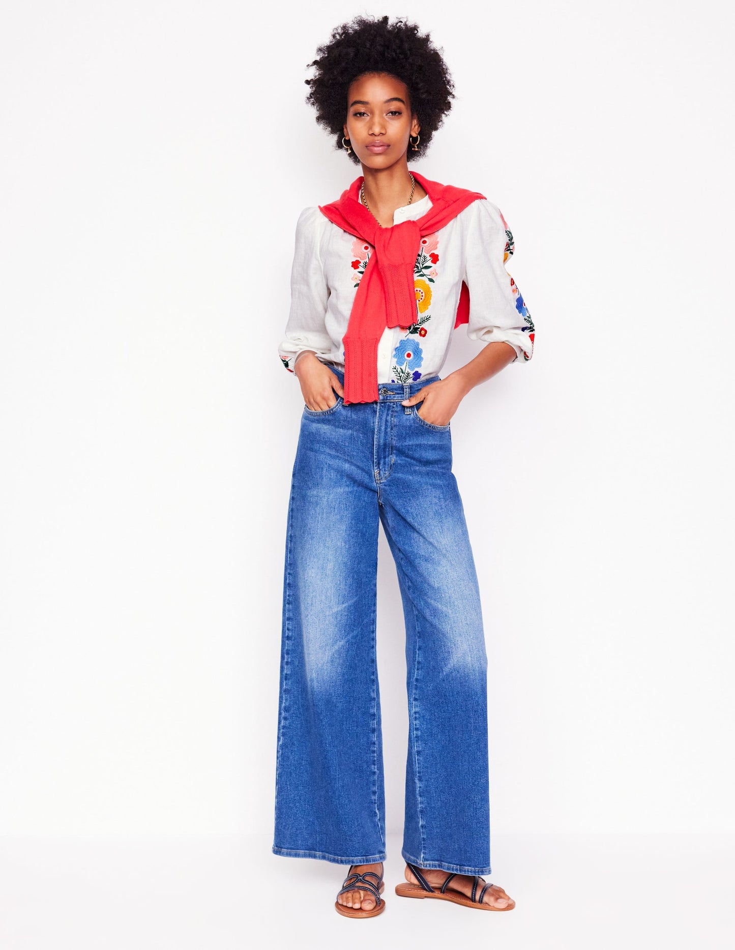 Alicia Linen Top-White, Floral Embroidery