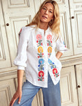 Alicia Linen Top-White, Floral Embroidery