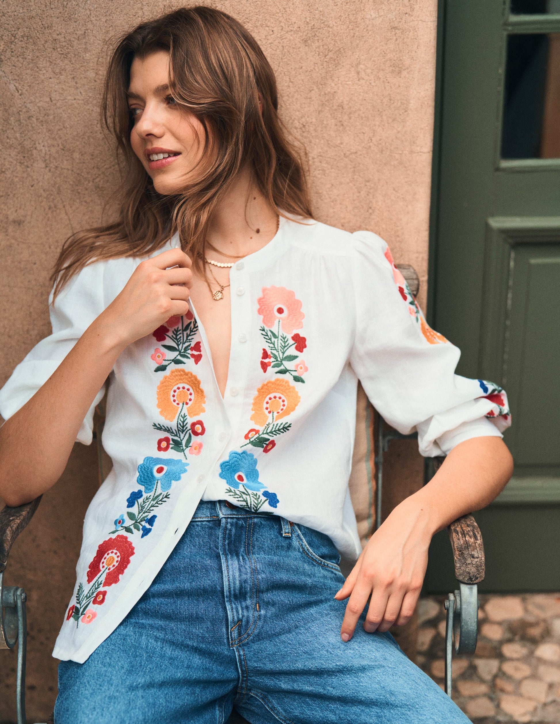 Alicia Linen Top-White, Floral Embroidery-3