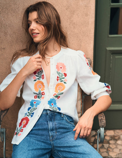 Alicia Linen Top-White, Floral Embroidery-3