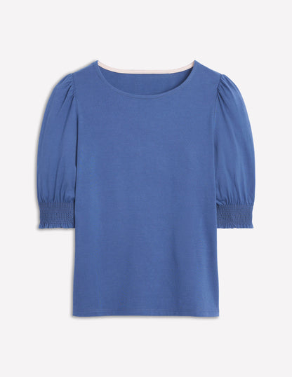 Short Sleeve Smocked Cuff Top-Denim Blue-5