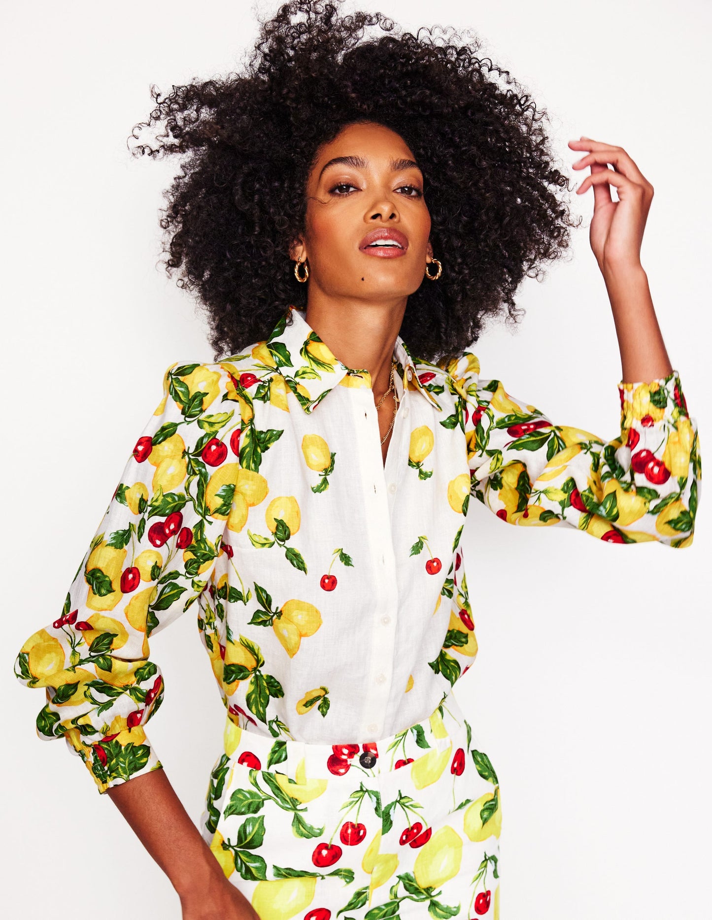 Placement Print Linen Shirt-Ivory, Cherries and Lemons